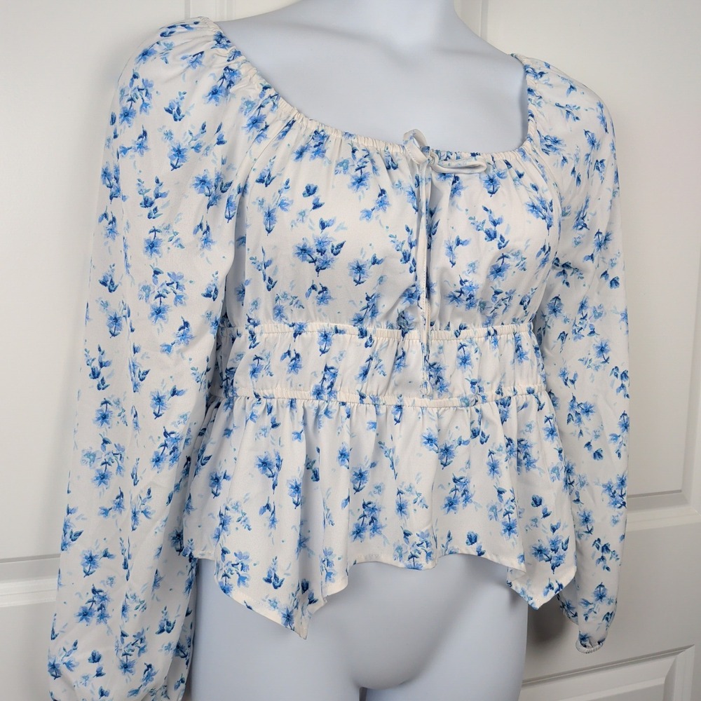 Milkmaid Handkerchief Hem Floral Peplum Blouse Top Off Shoulder Smocked Waist